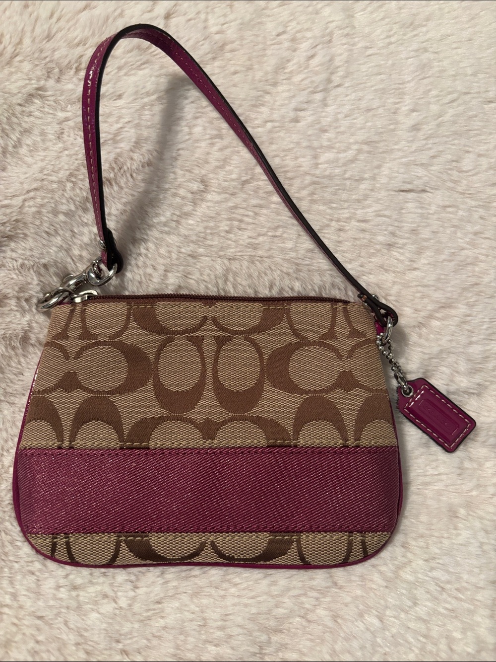 Coach Brown Signature Canvas Wristlet with Magenta Trim